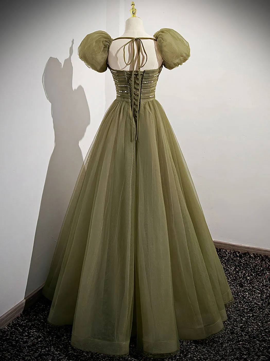 A line tulle sequin long prom dress green tulle formal dress