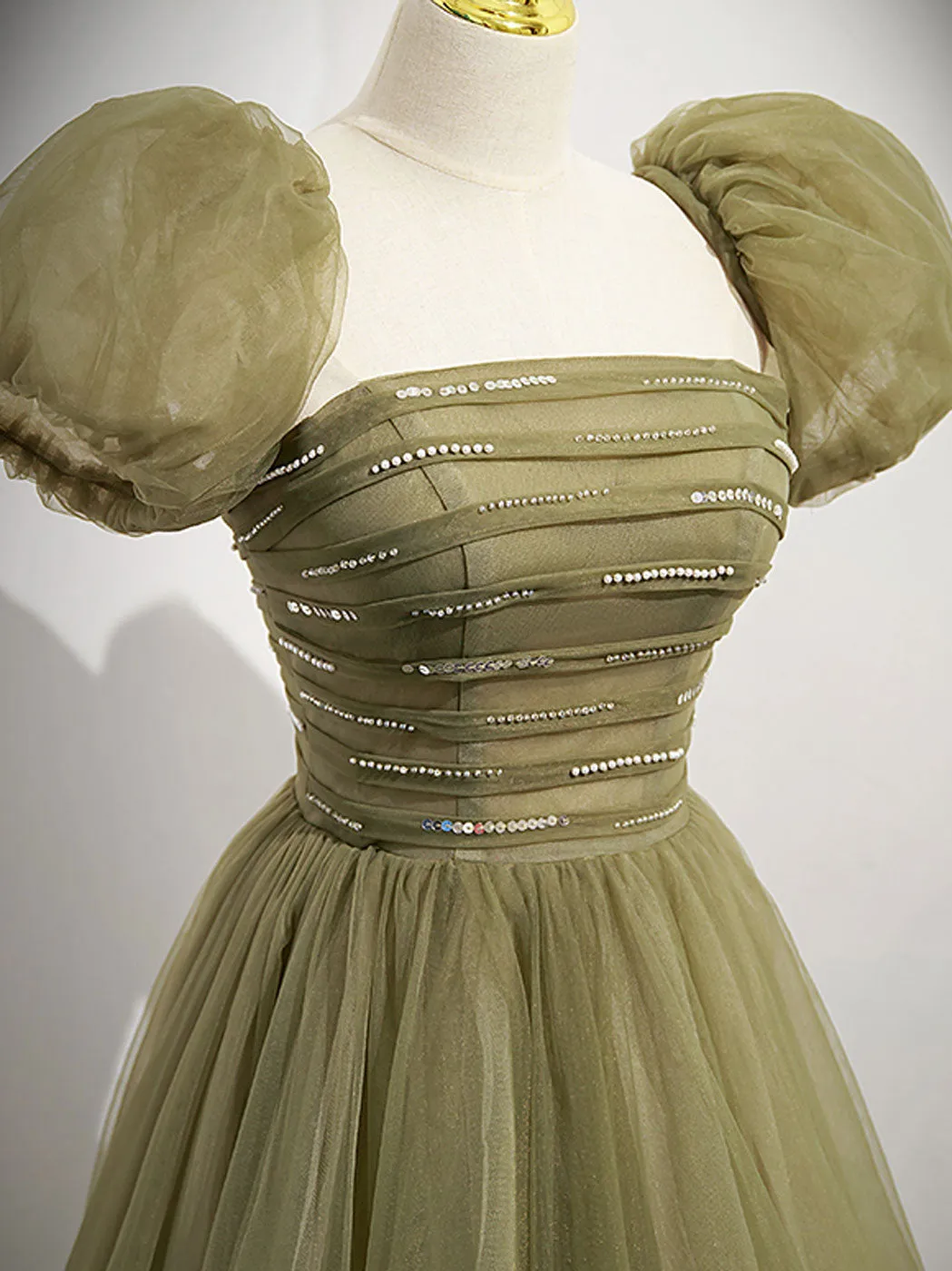 A line tulle sequin long prom dress green tulle formal dress
