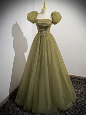 A line tulle sequin long prom dress green tulle formal dress
