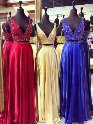 A Line V Neck 2 Pieces Red/Yellow/Blue Prom Dress, 2 Pieces Formal Dress, Evening Dress
