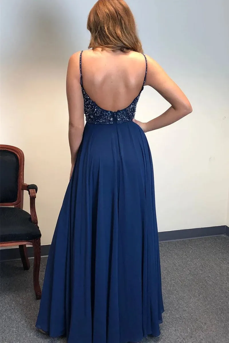 A Line V Neck Backless Beaded Navy Blue Prom Dresses with Slit, Backless Navy Blue Formal Dresses, V Neck Navy Blue Evening Dresses
