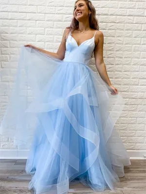A Line V Neck Blue/Pink Tulle Long Prom Dresses,  V Neck Blue/Pink Tulle Long Formal Evening Dresses