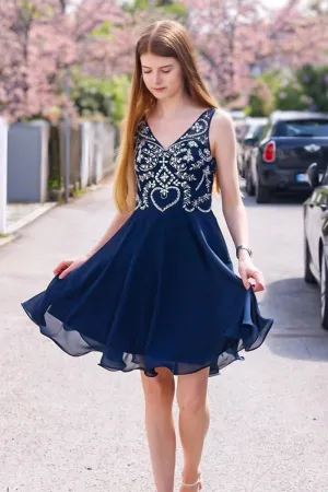 A Line V Neck Navy Blue Short Prom Dress Homecoming Dress, Navy Blue V Neck Formal Graduation Evening Dress