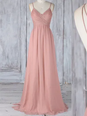 A Line V Neck Pink Chiffon Lace Backless Long Prom Dresses, V Neck Pink Chiffon Lace Backless Formal Evening Dresses
