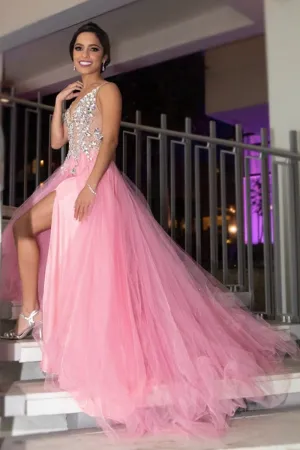 A Line V Neck Sequins Beaded Pink Prom Dresses with Slit, Beaded Pink Formal Dresses, Pink Evening Dresses