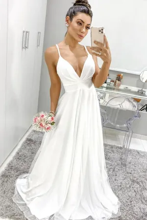 A Line V Neck Thin Straps White Chiffon Long Prom Dress, V Neck White Formal Graduation Evening Dress