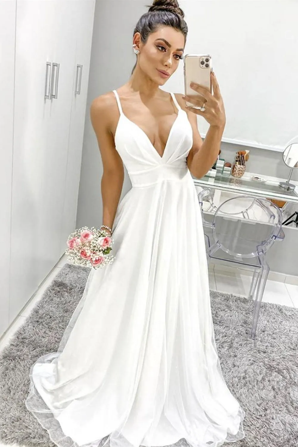 A Line V Neck Thin Straps White Chiffon Long Prom Dress, V Neck White Formal Graduation Evening Dress