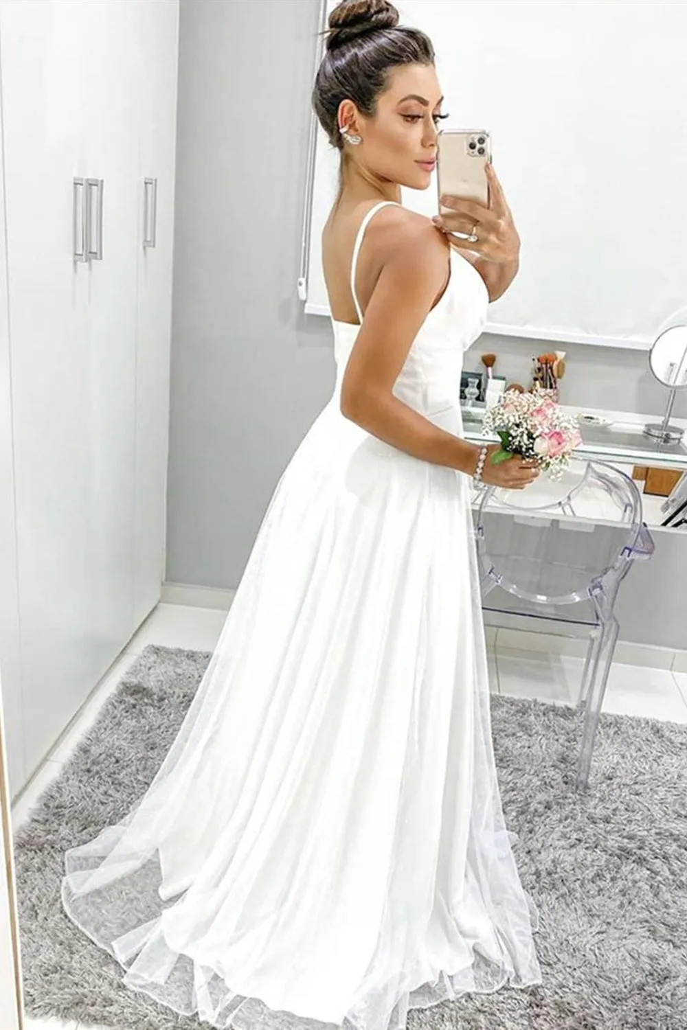 A Line V Neck Thin Straps White Chiffon Long Prom Dress, V Neck White Formal Graduation Evening Dress