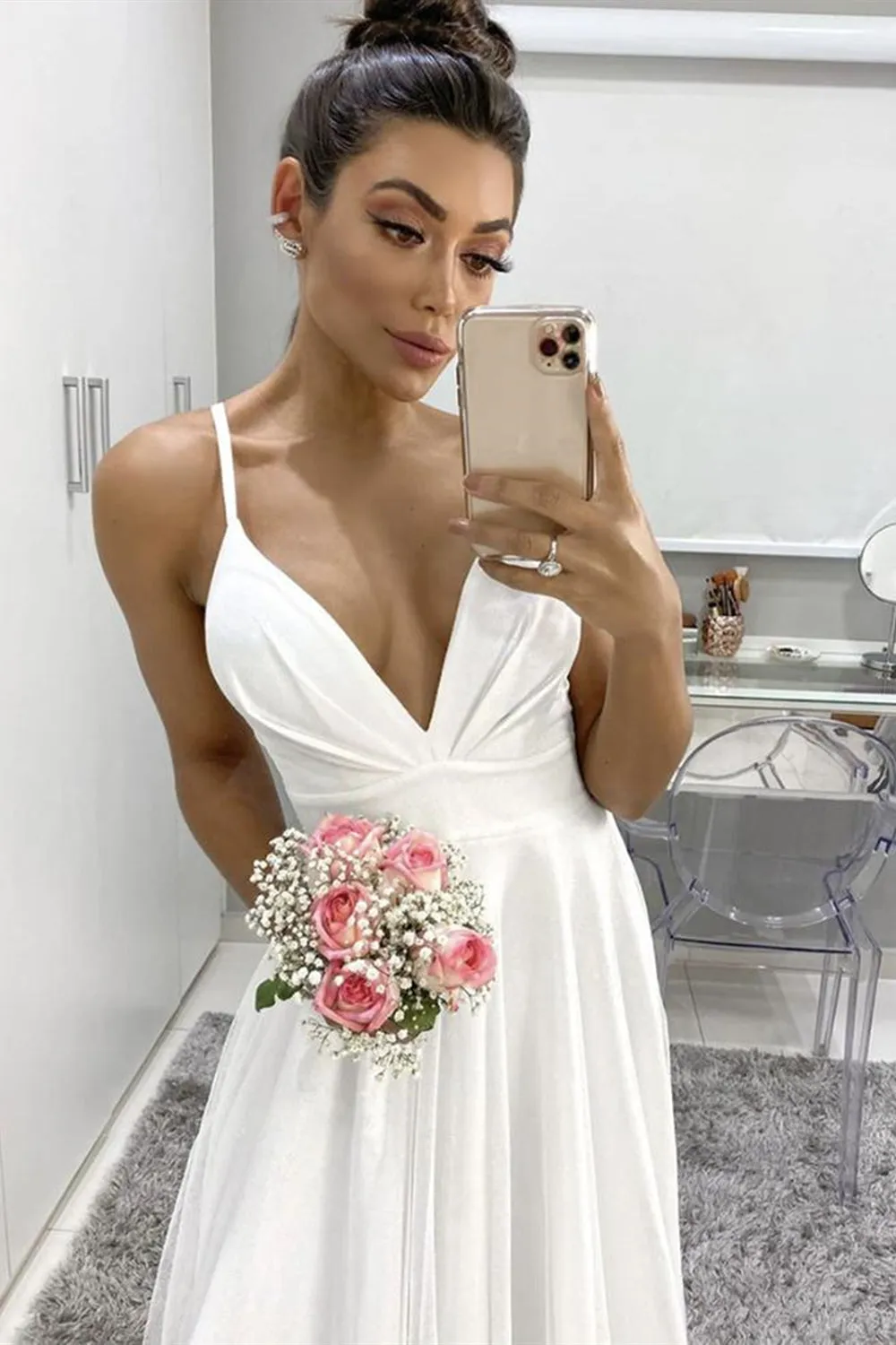 A Line V Neck Thin Straps White Chiffon Long Prom Dress, V Neck White Formal Graduation Evening Dress