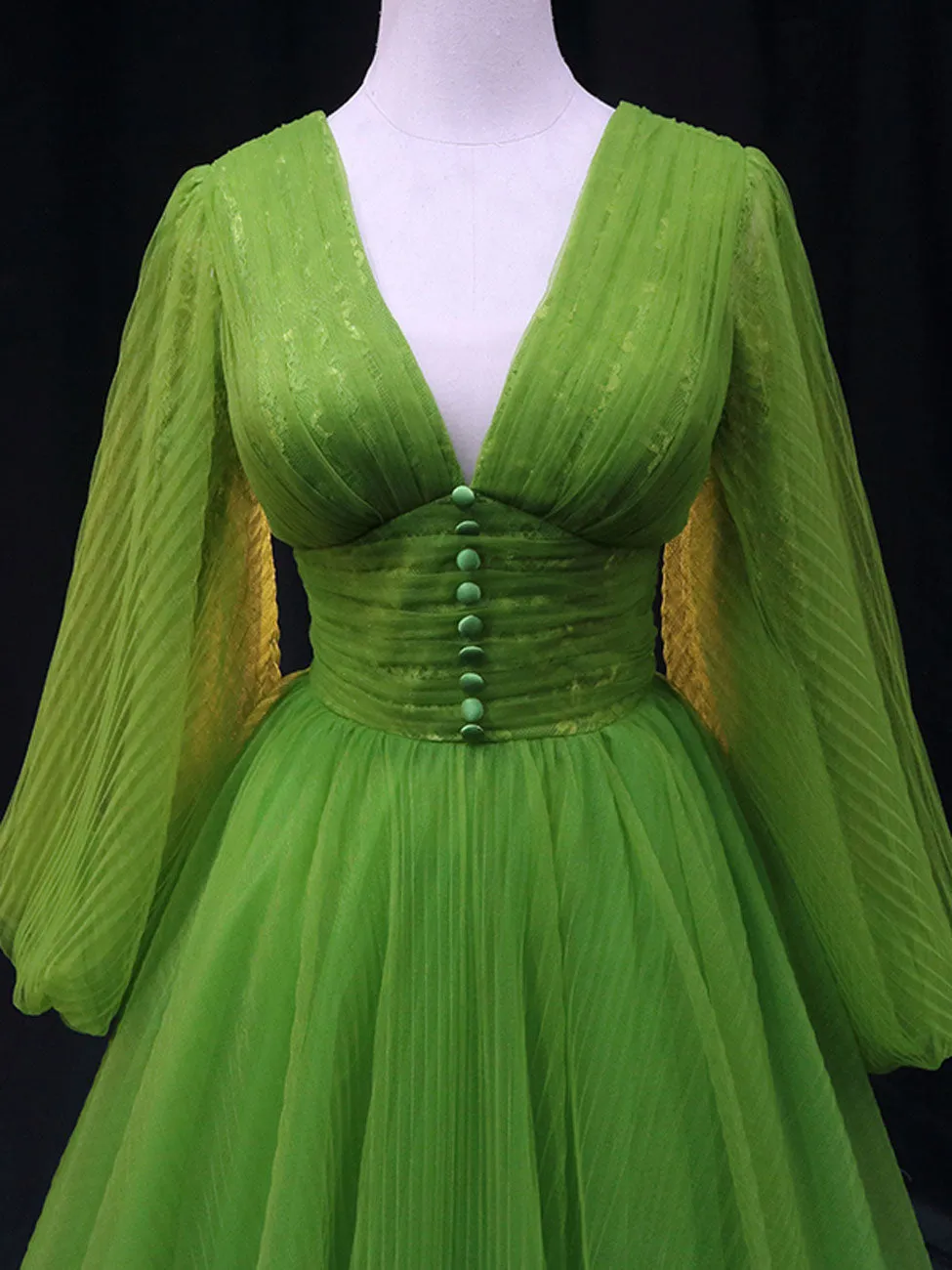 A-Line V Neck Tulle Green Long Prom Dress, Green Formal Graduation Dresses