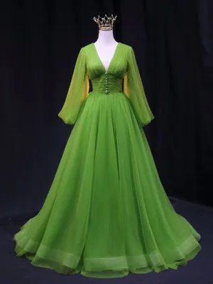 A-Line V Neck Tulle Green Long Prom Dress, Green Formal Graduation Dresses