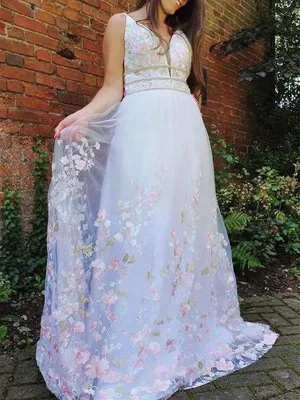 A Line V Neck White Lace Floral Long Prom Dresses,  White Lace Floral Formal Graduation Evening Dresses