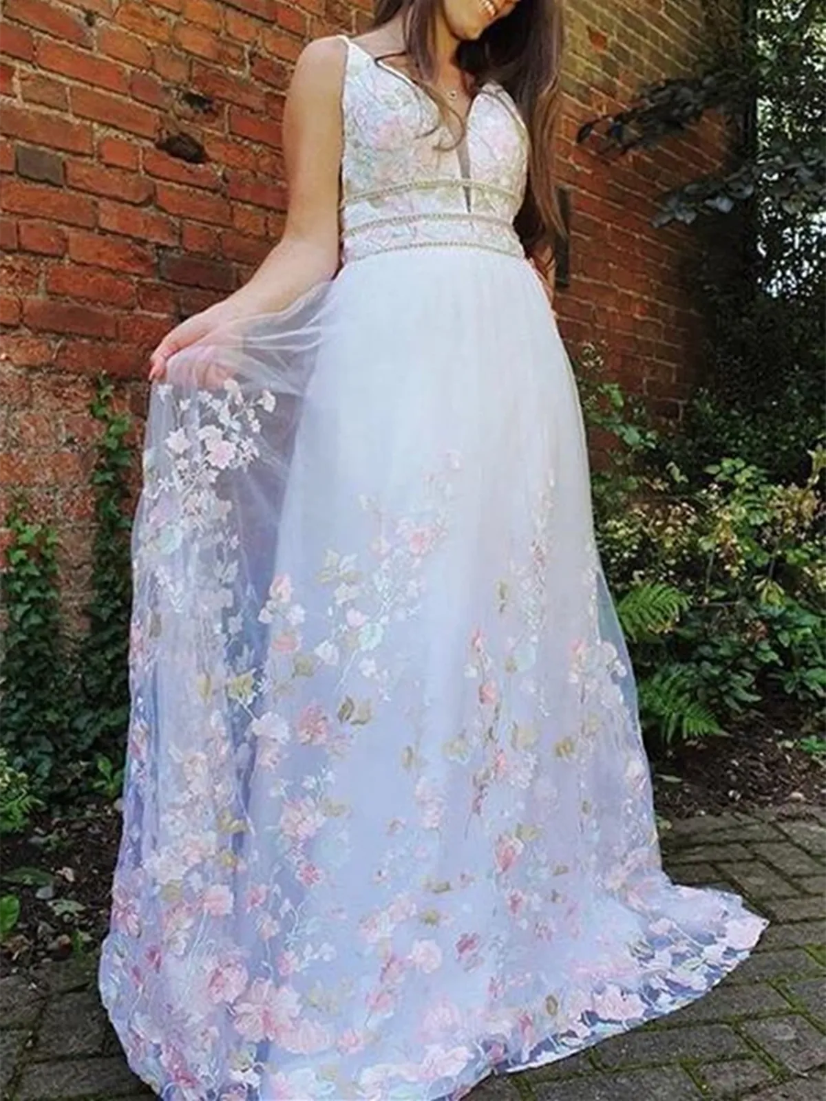 A Line V Neck White Lace Floral Long Prom Dresses,  White Lace Floral Formal Graduation Evening Dresses