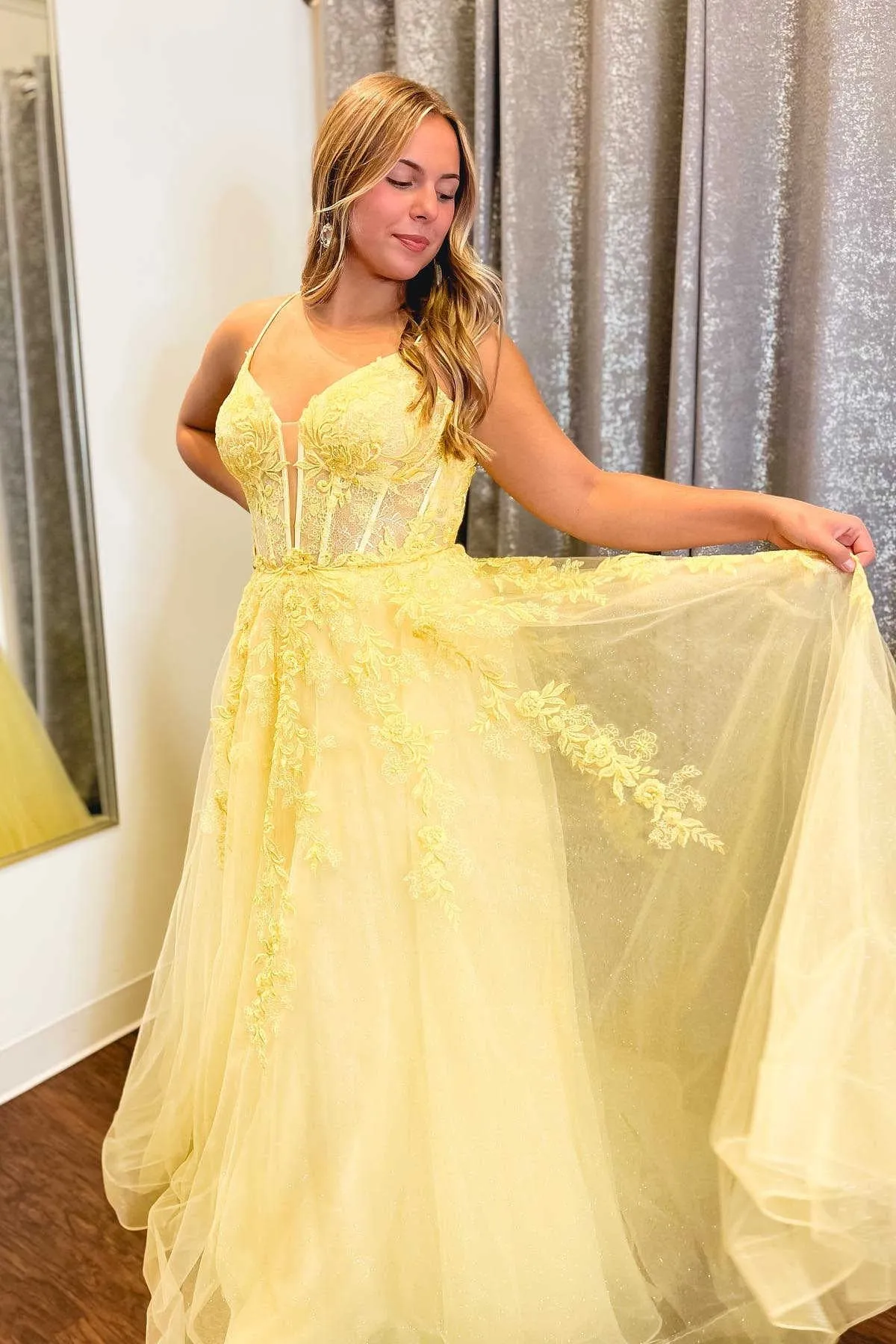 A Line V Neck Yellow Long Prom Dress with Lace Appliques, Yellow Lace Formal Graduation Evening Dress A2014