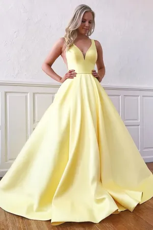 A Line V Neck Yellow Satin Long Prom Dress, V Neck Yellow Formal Graduation Evening Dress