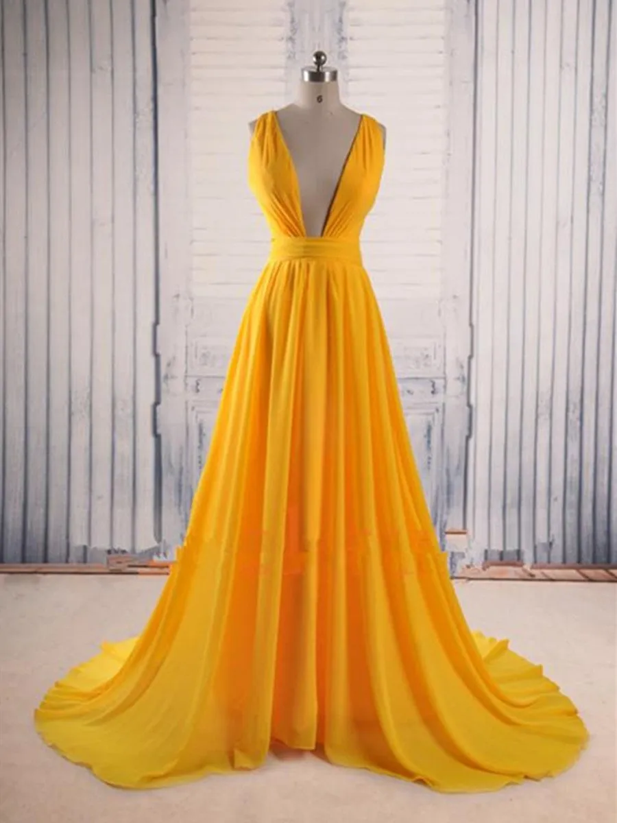 A Line V Neck Yellow Sweep Train Prom Dress, Sweep Train Party Dress, Yellow Formal Dress