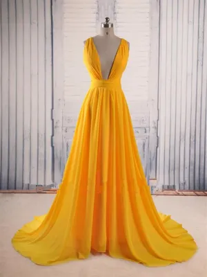 A Line V Neck Yellow Sweep Train Prom Dress, Sweep Train Party Dress, Yellow Formal Dress