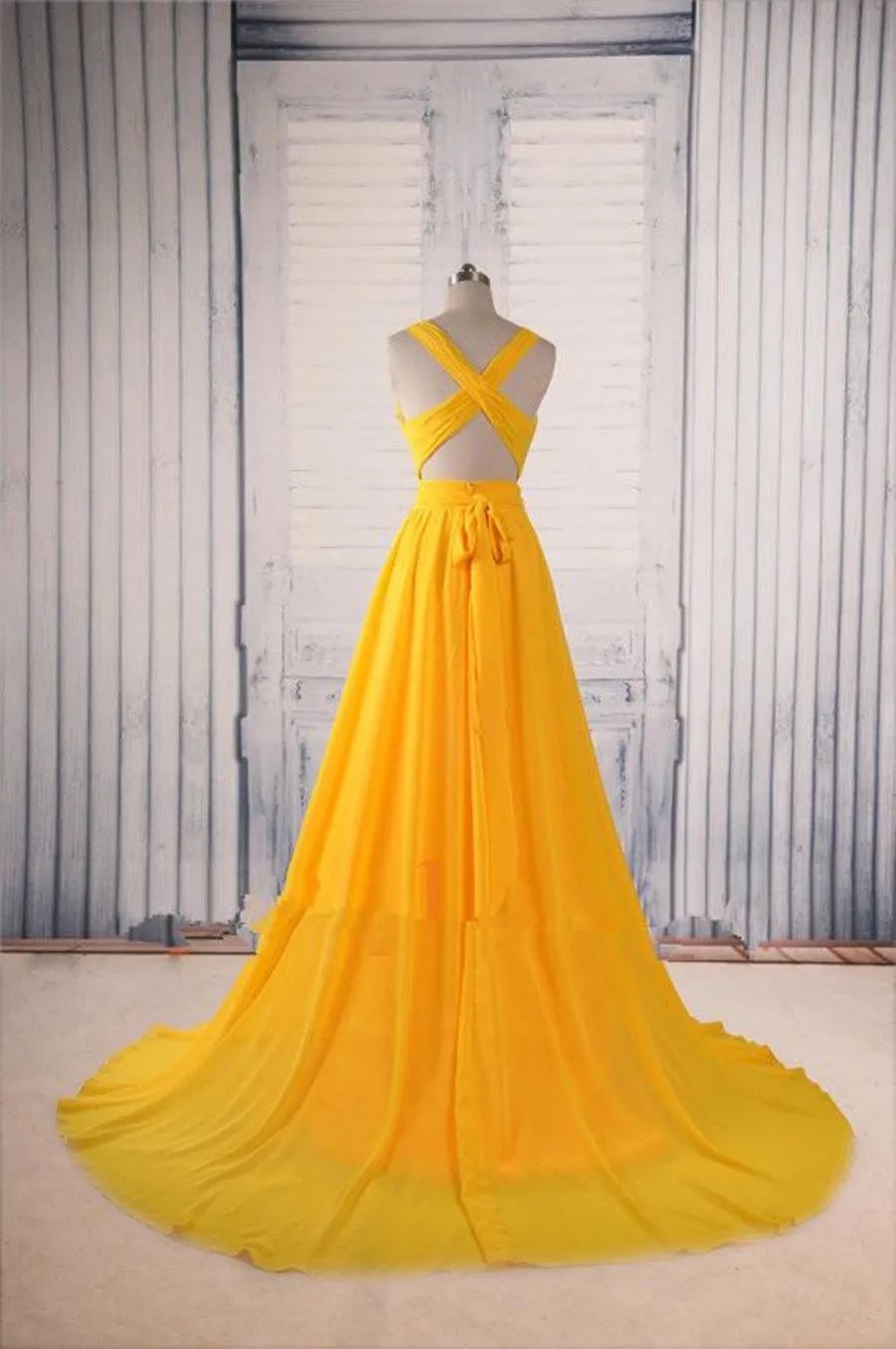 A Line V Neck Yellow Sweep Train Prom Dress, Sweep Train Party Dress, Yellow Formal Dress