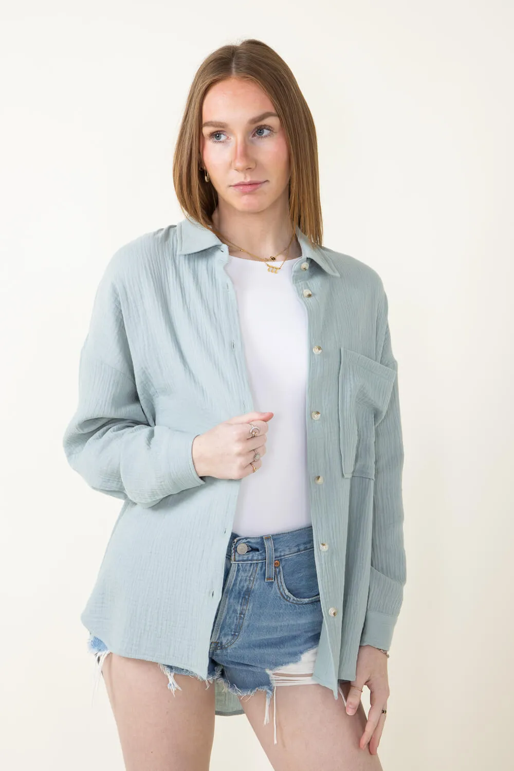 ACOA Oversized Gauze Boyfriend Shirt for Women in Blue | ACT10403-SEAGLASS
