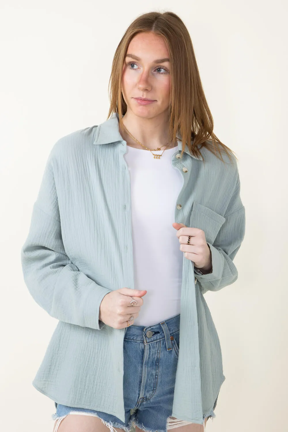 ACOA Oversized Gauze Boyfriend Shirt for Women in Blue | ACT10403-SEAGLASS