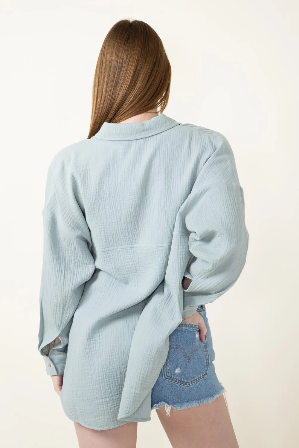 ACOA Oversized Gauze Boyfriend Shirt for Women in Blue | ACT10403-SEAGLASS