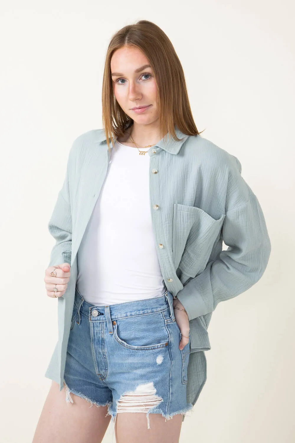 ACOA Oversized Gauze Boyfriend Shirt for Women in Blue | ACT10403-SEAGLASS