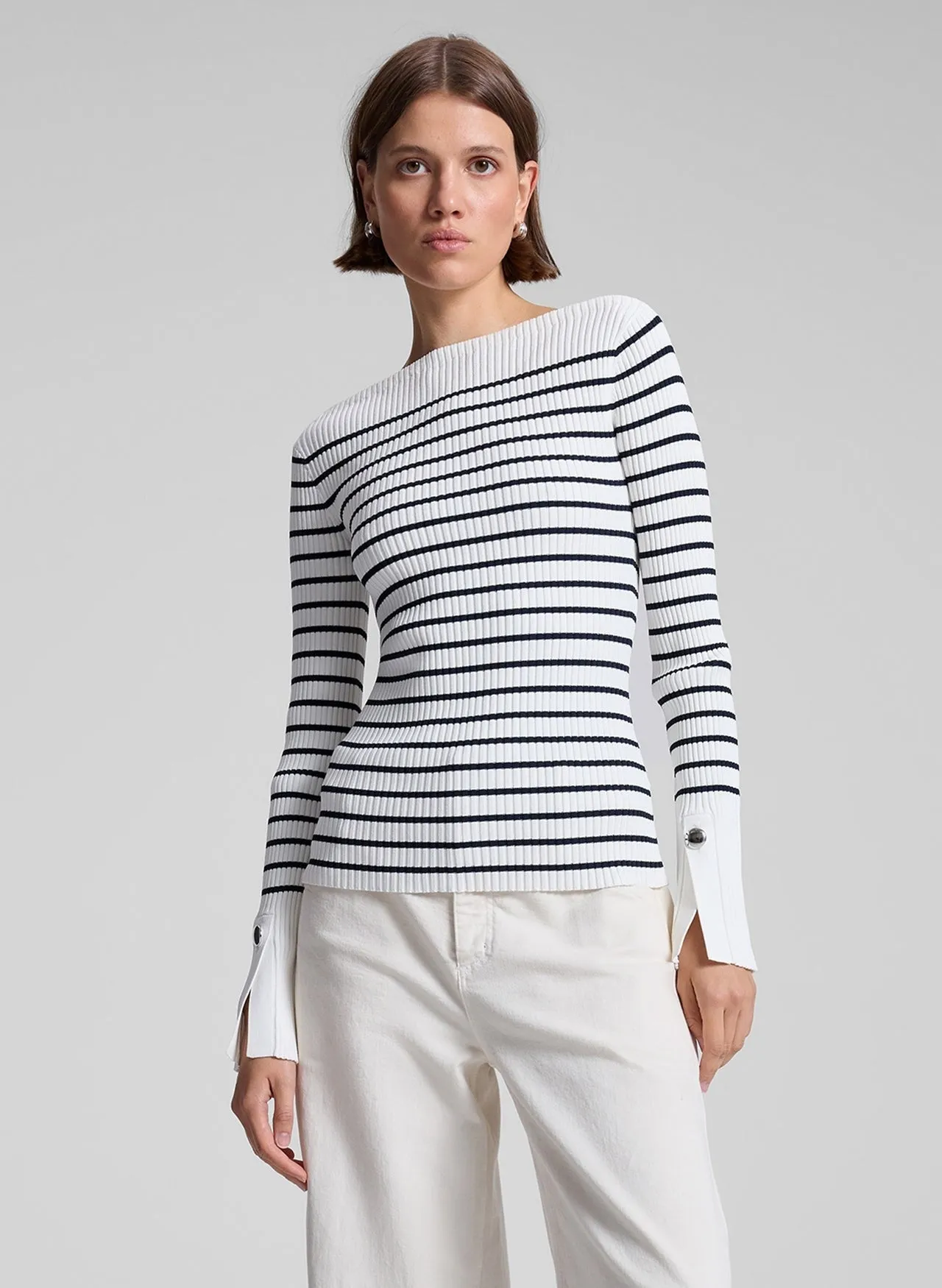 A.L.C. Anya Striped Knit Top in Off White/Dark Sapphire