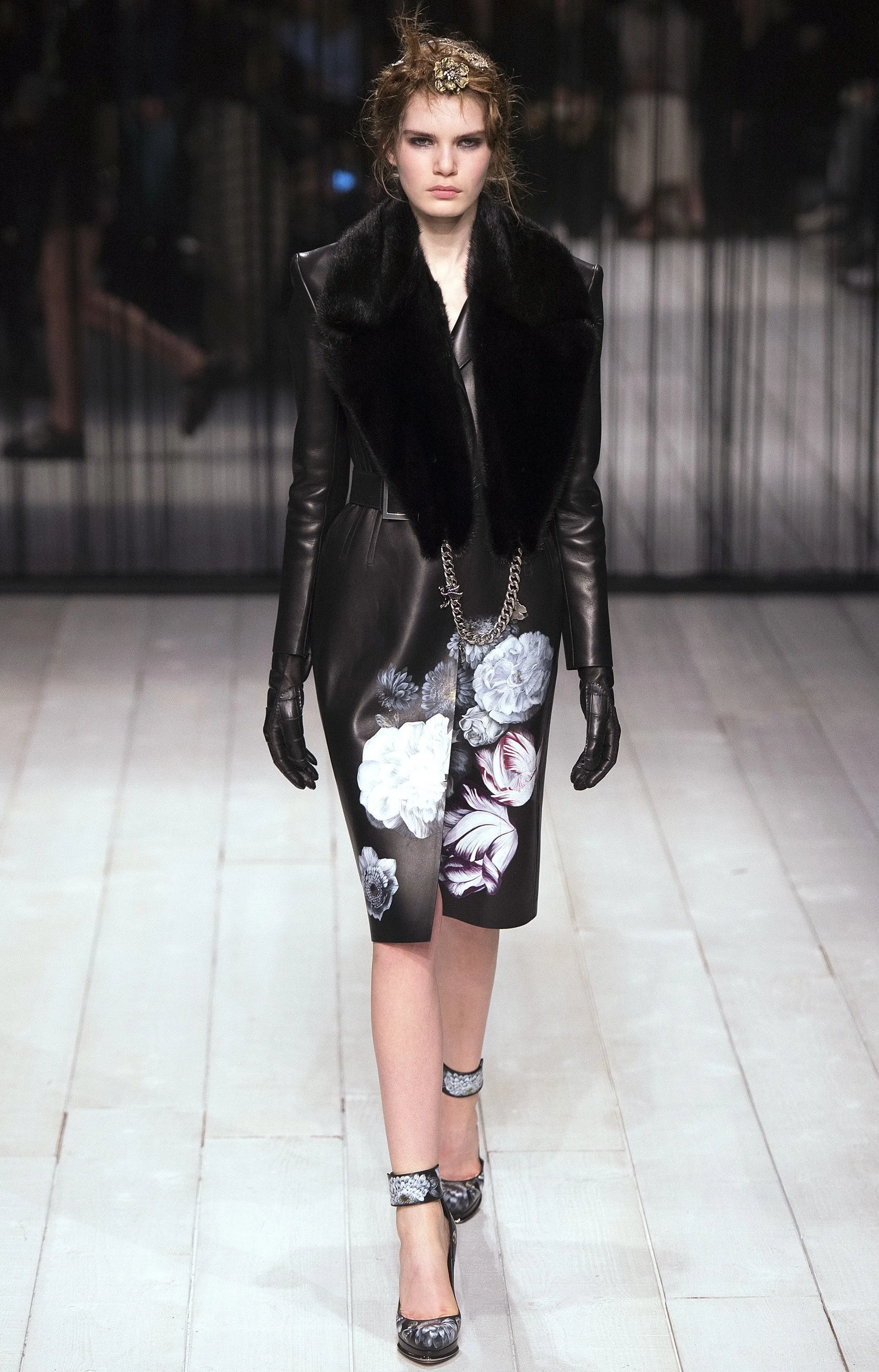 Alexander McQueen Black Lamb Leather Coat with Hand-painted Flowers, AW 16, Size US 4