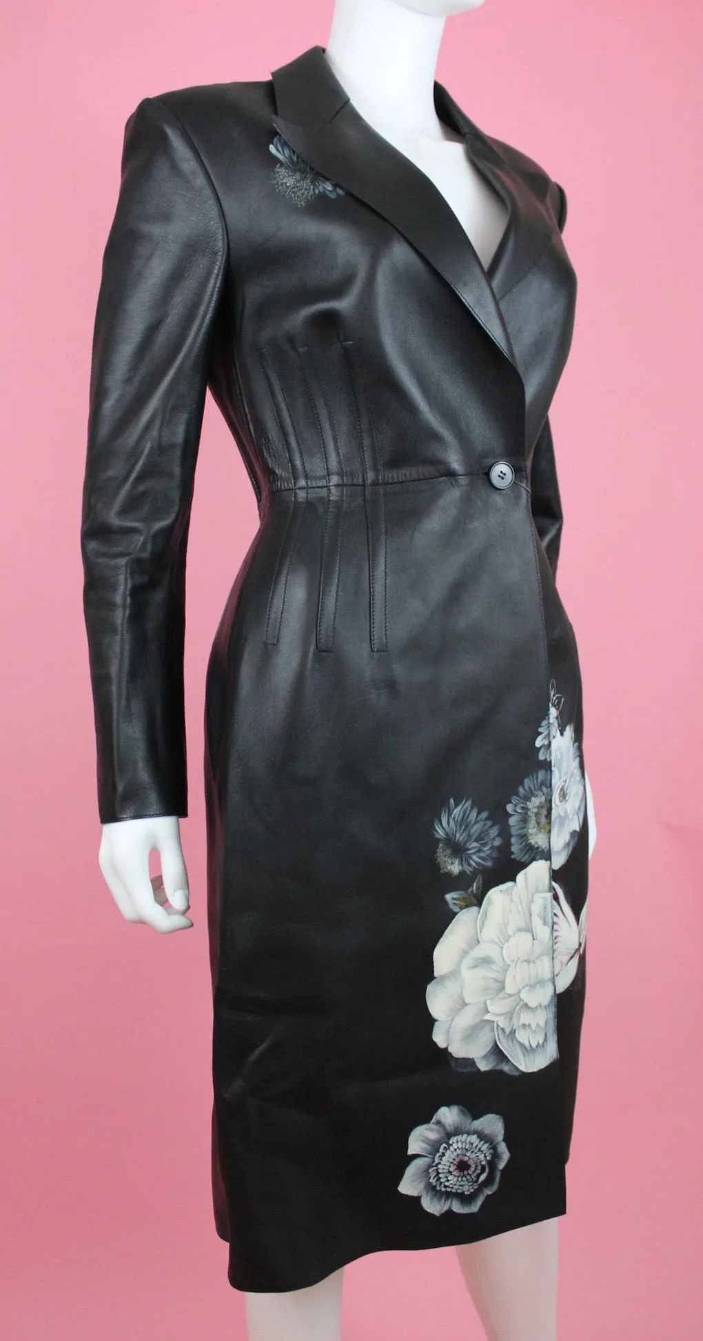 Alexander McQueen Black Lamb Leather Coat with Hand-painted Flowers, AW 16, Size US 4