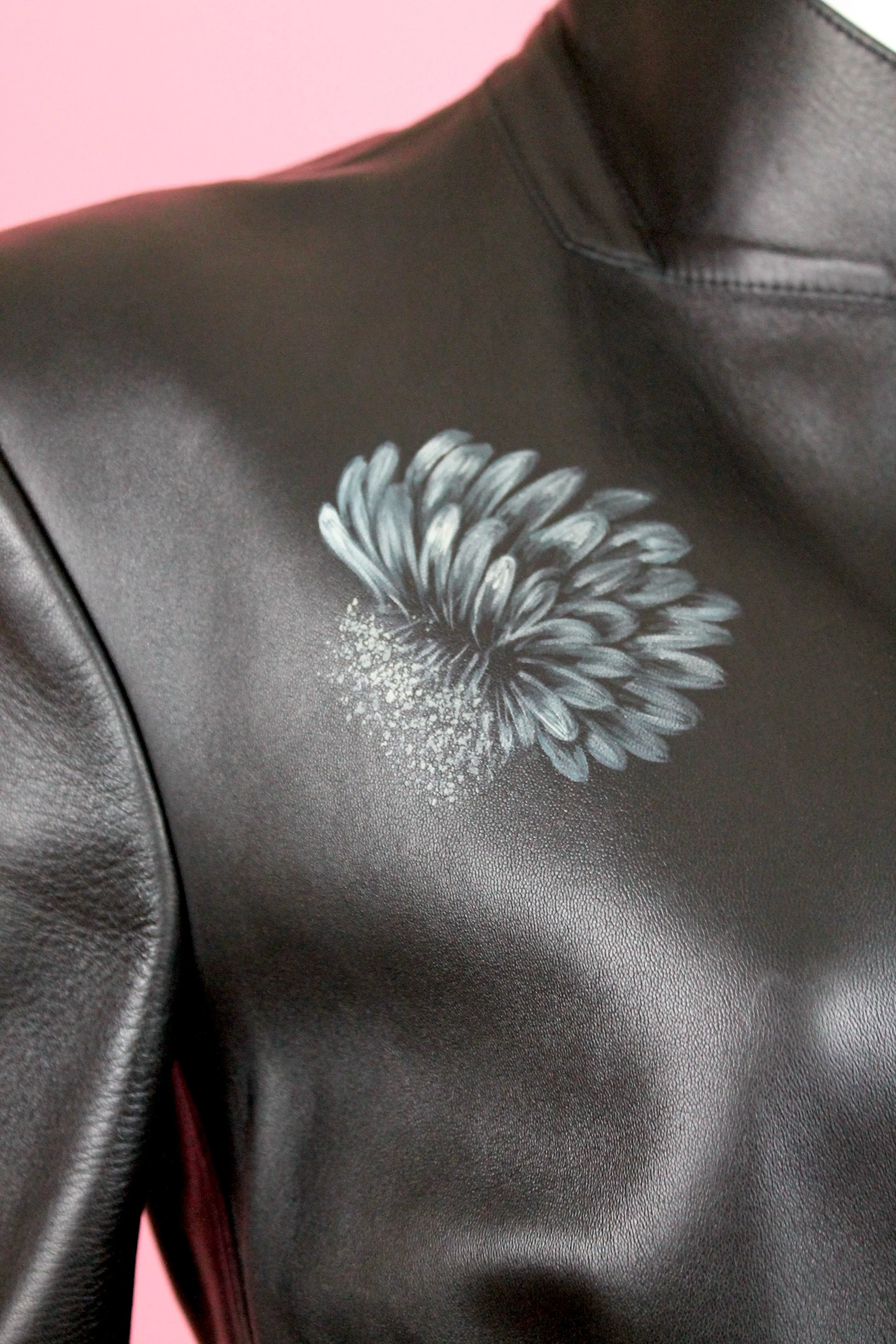 Alexander McQueen Black Lamb Leather Coat with Hand-painted Flowers, AW 16, Size US 4