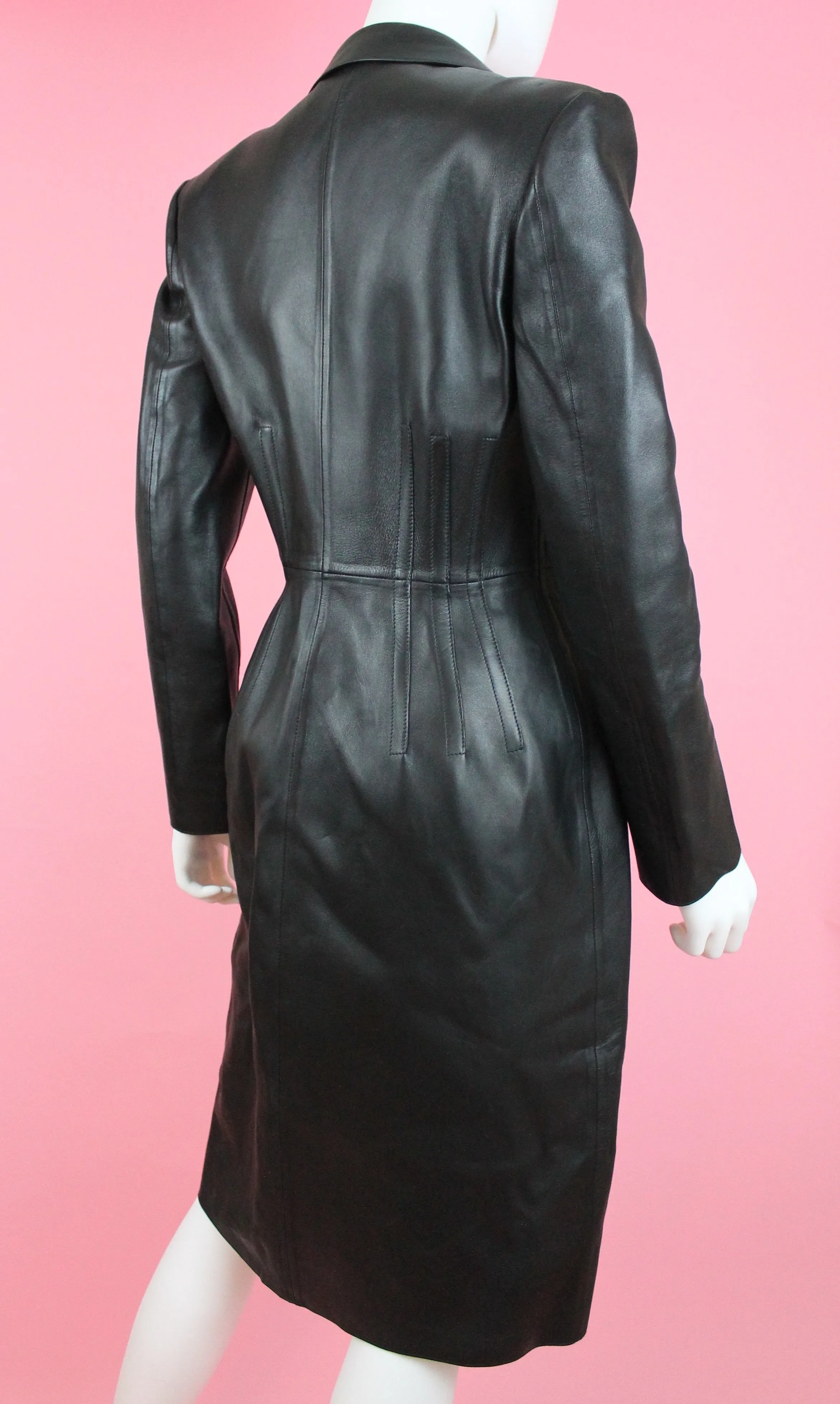 Alexander McQueen Black Lamb Leather Coat with Hand-painted Flowers, AW 16, Size US 4