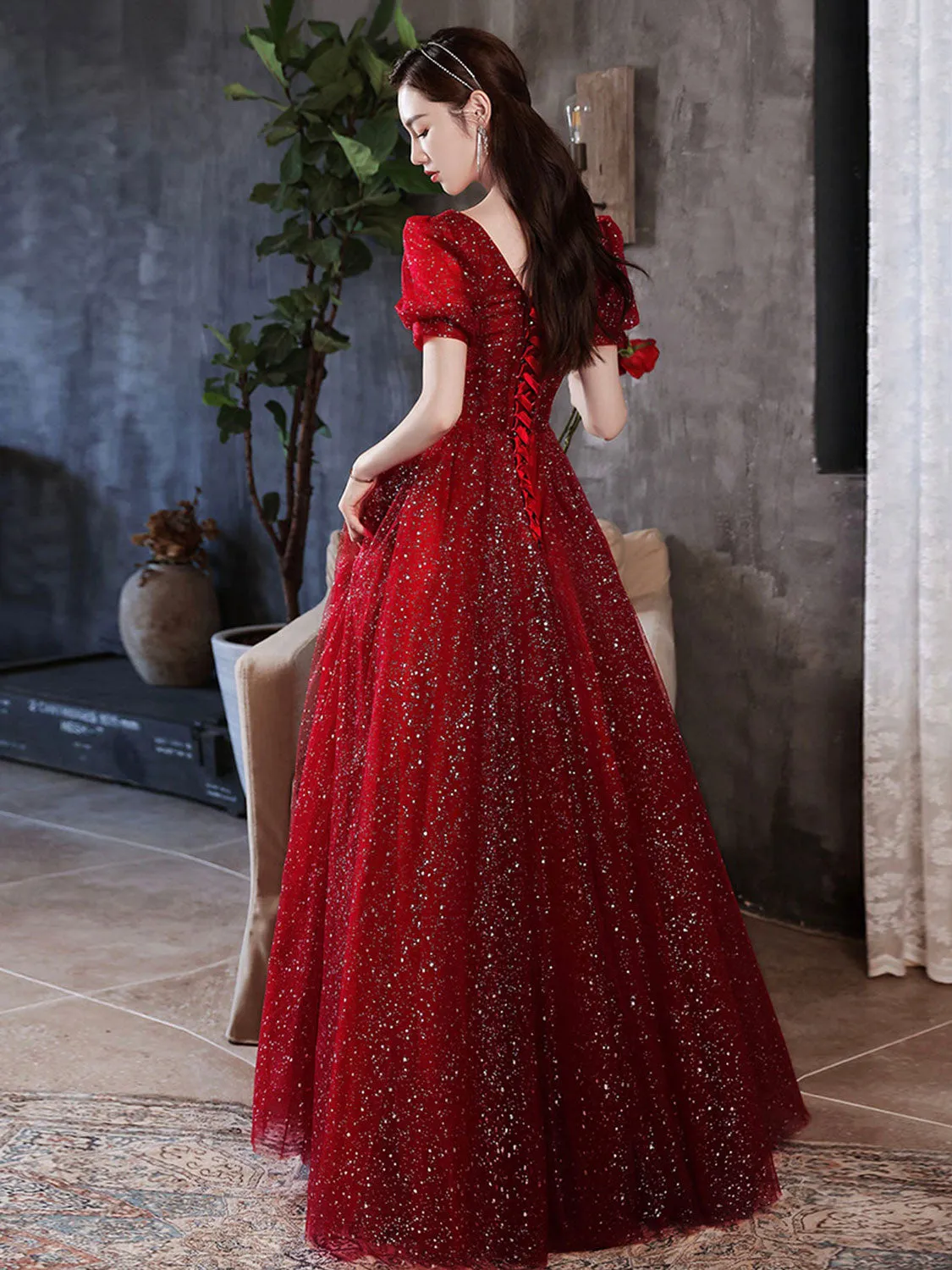 Aline burgundy tulle sequin long prom dress burgundy formal dress