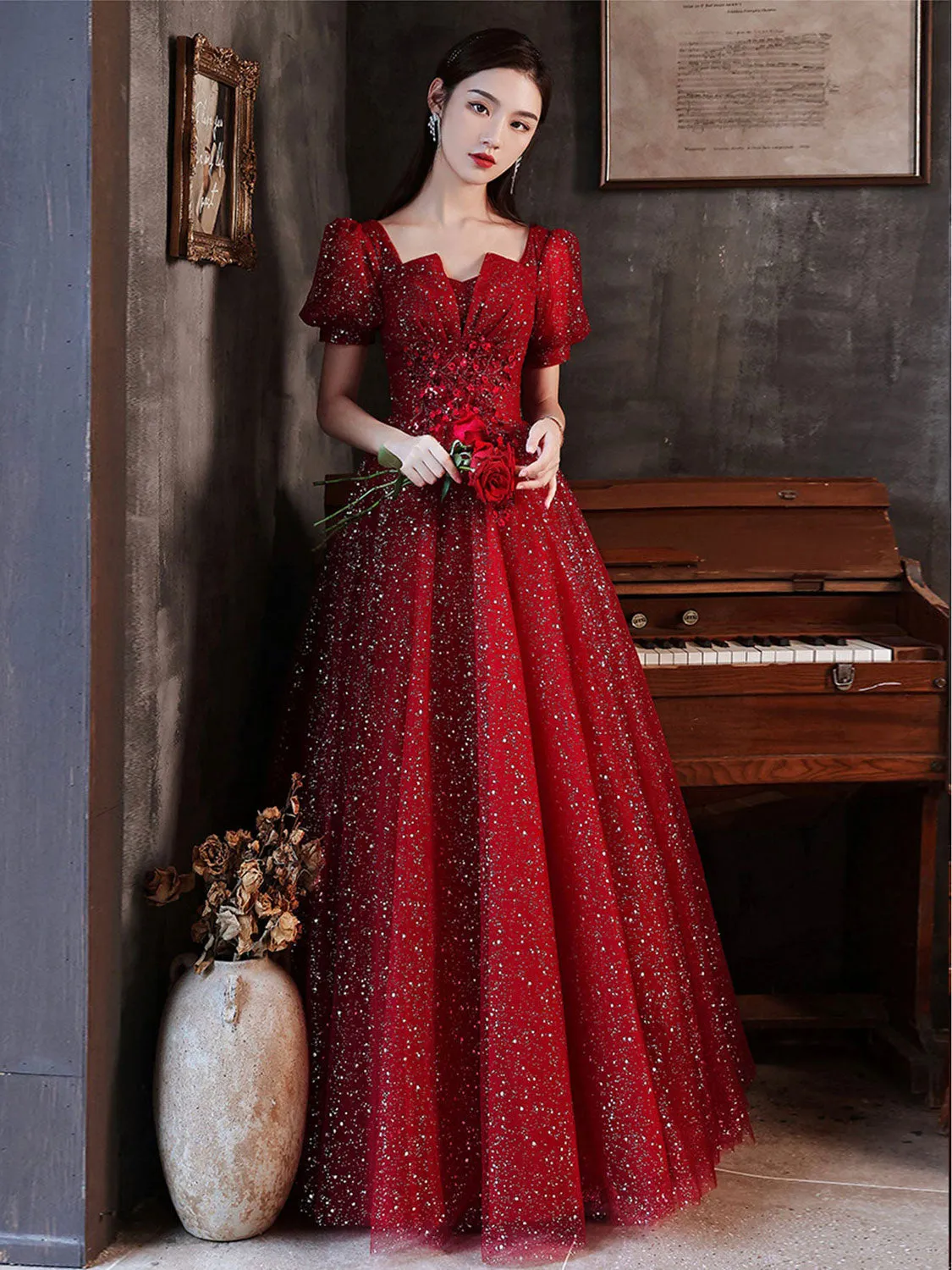 Aline burgundy tulle sequin long prom dress burgundy formal dress