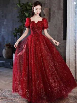 Aline burgundy tulle sequin long prom dress burgundy formal dress