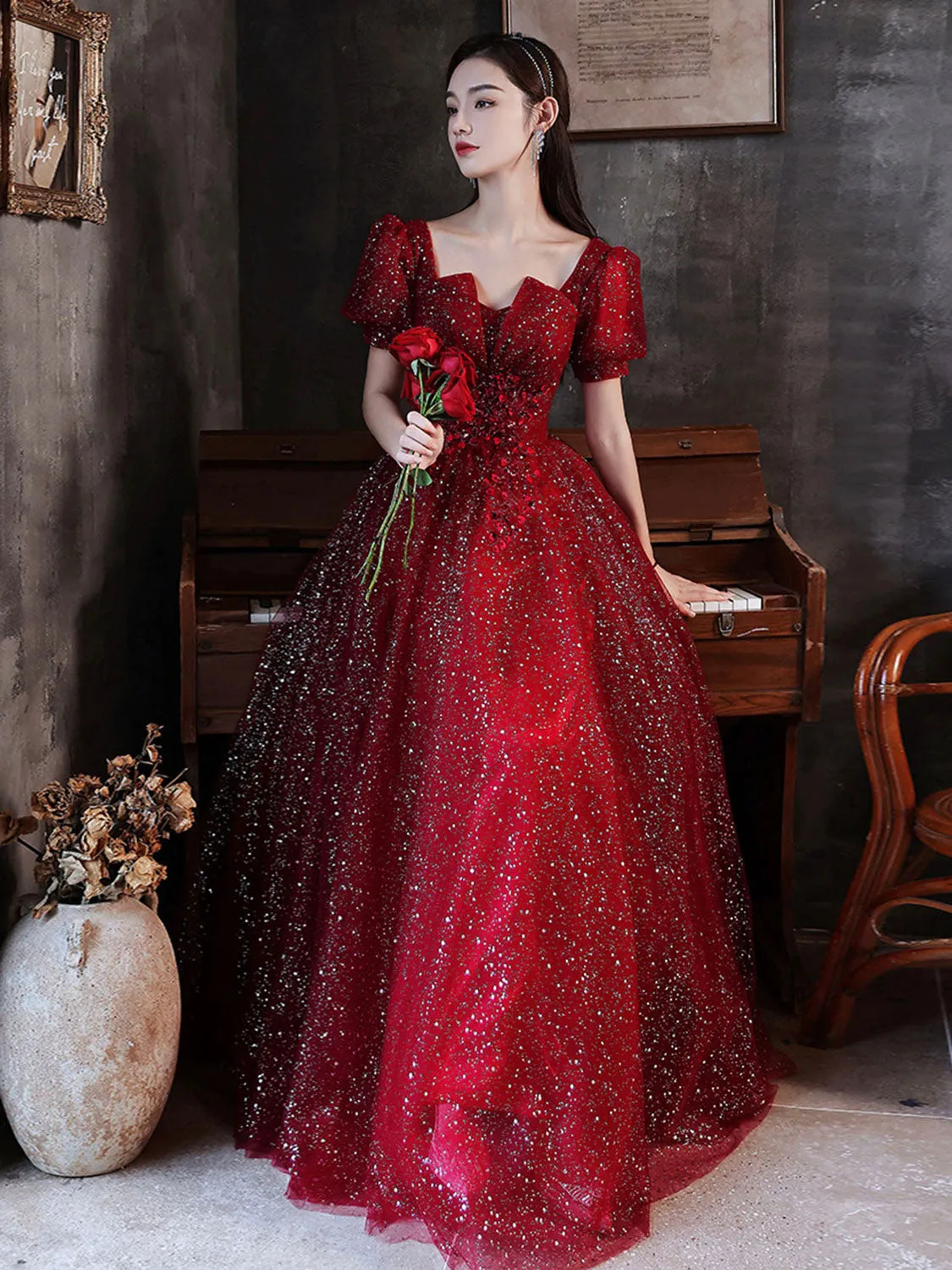 Aline burgundy tulle sequin long prom dress burgundy formal dress