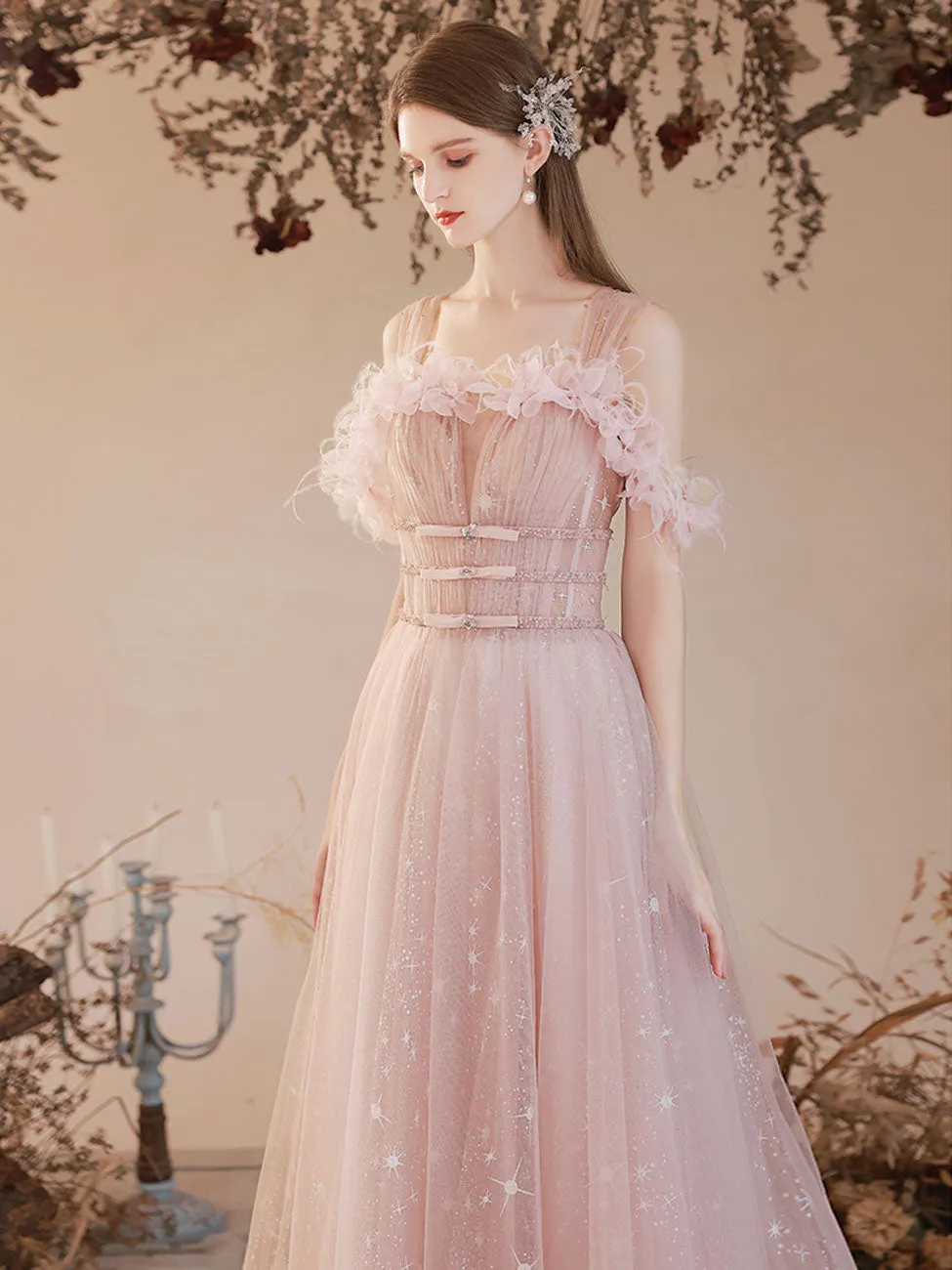 Aline Pink Long Prom Dress, Pink Tulle Formal Graduation Dress with Beading