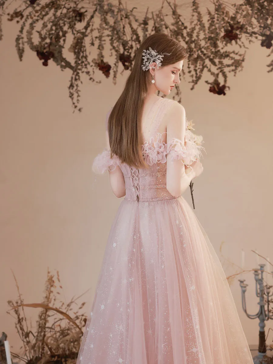 Aline Pink Long Prom Dress, Pink Tulle Formal Graduation Dress with Beading
