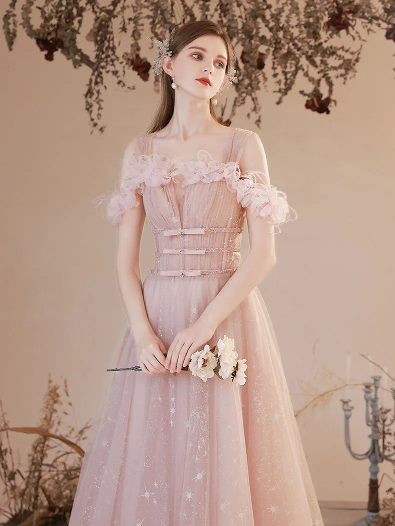 Aline Pink Long Prom Dress, Pink Tulle Formal Graduation Dress with Beading