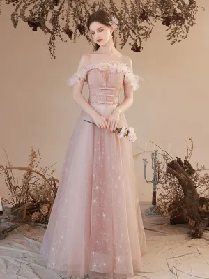 Aline Pink Long Prom Dress, Pink Tulle Formal Graduation Dress with Beading