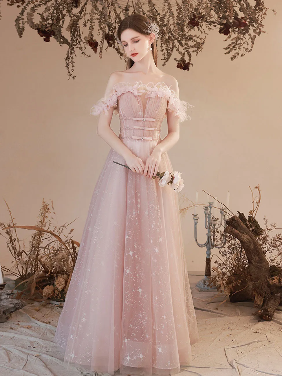 Aline Pink Long Prom Dress, Pink Tulle Formal Graduation Dress with Beading