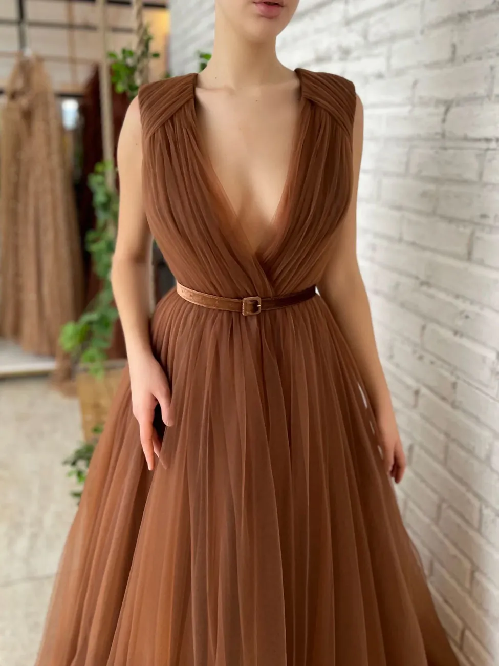 Aline V Neck Brown Long Prom Dresses, Brown Evening Dress