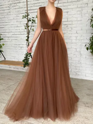 Aline V Neck Brown Long Prom Dresses, Brown Evening Dress