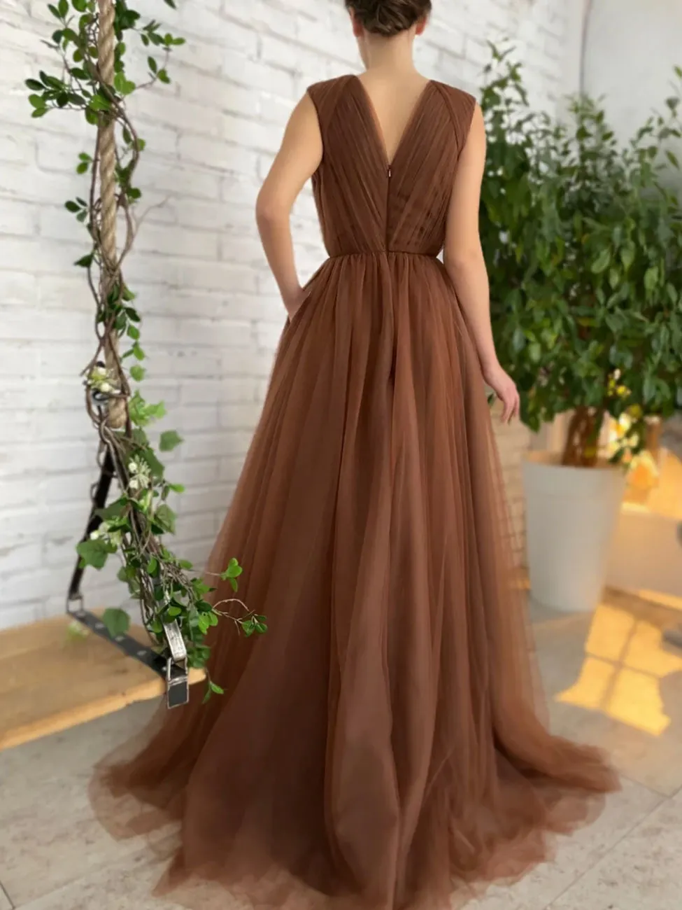 Aline V Neck Brown Long Prom Dresses, Brown Evening Dress