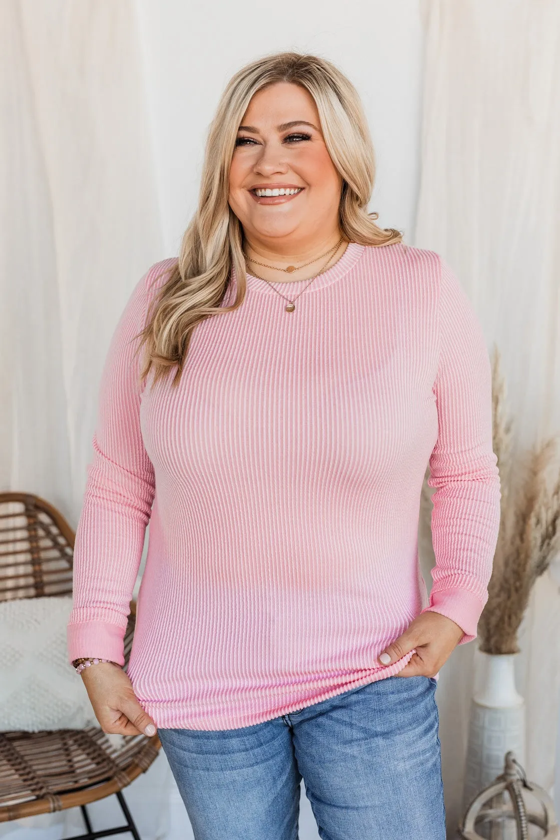 All Is Good Ribbed Long Sleeve Top- Pink