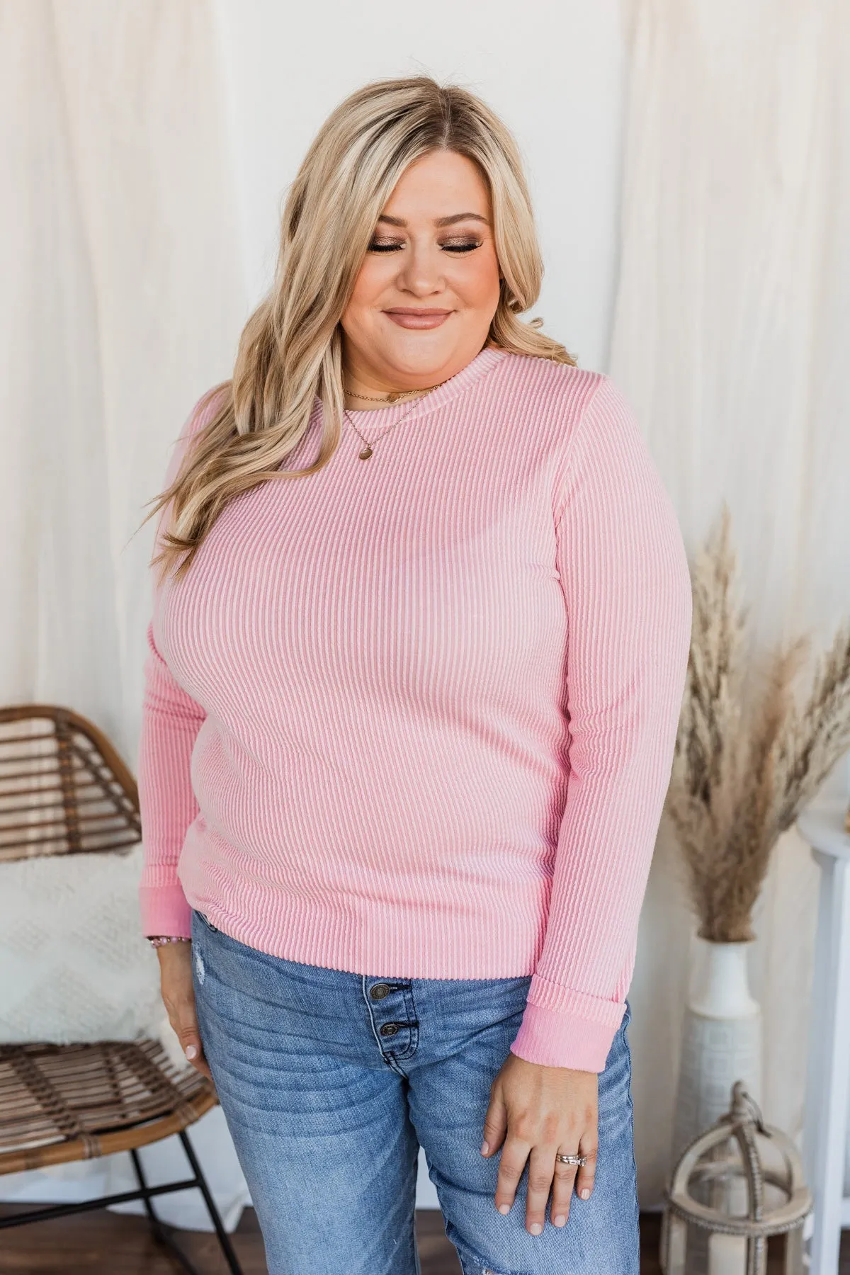 All Is Good Ribbed Long Sleeve Top- Pink