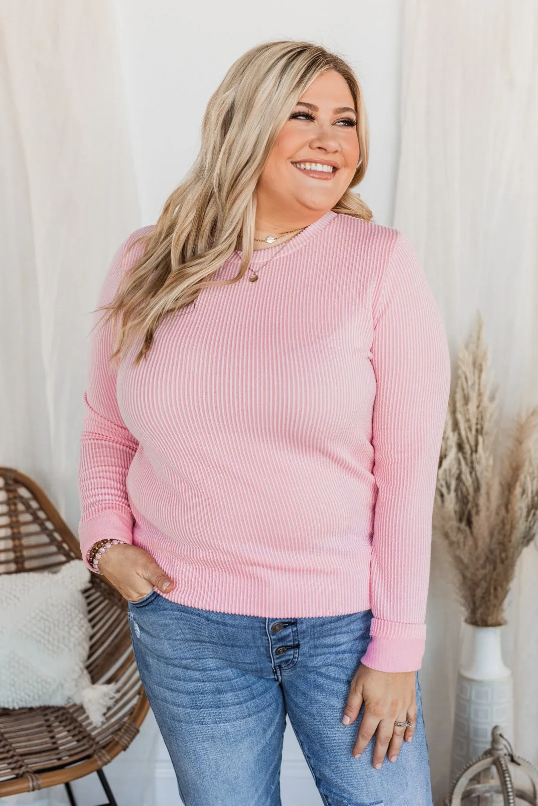 All Is Good Ribbed Long Sleeve Top- Pink