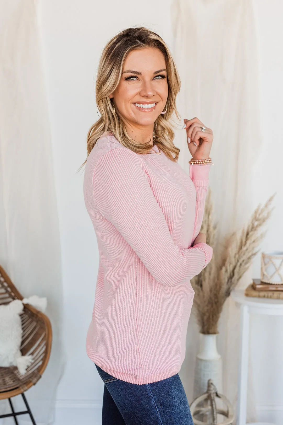 All Is Good Ribbed Long Sleeve Top- Pink