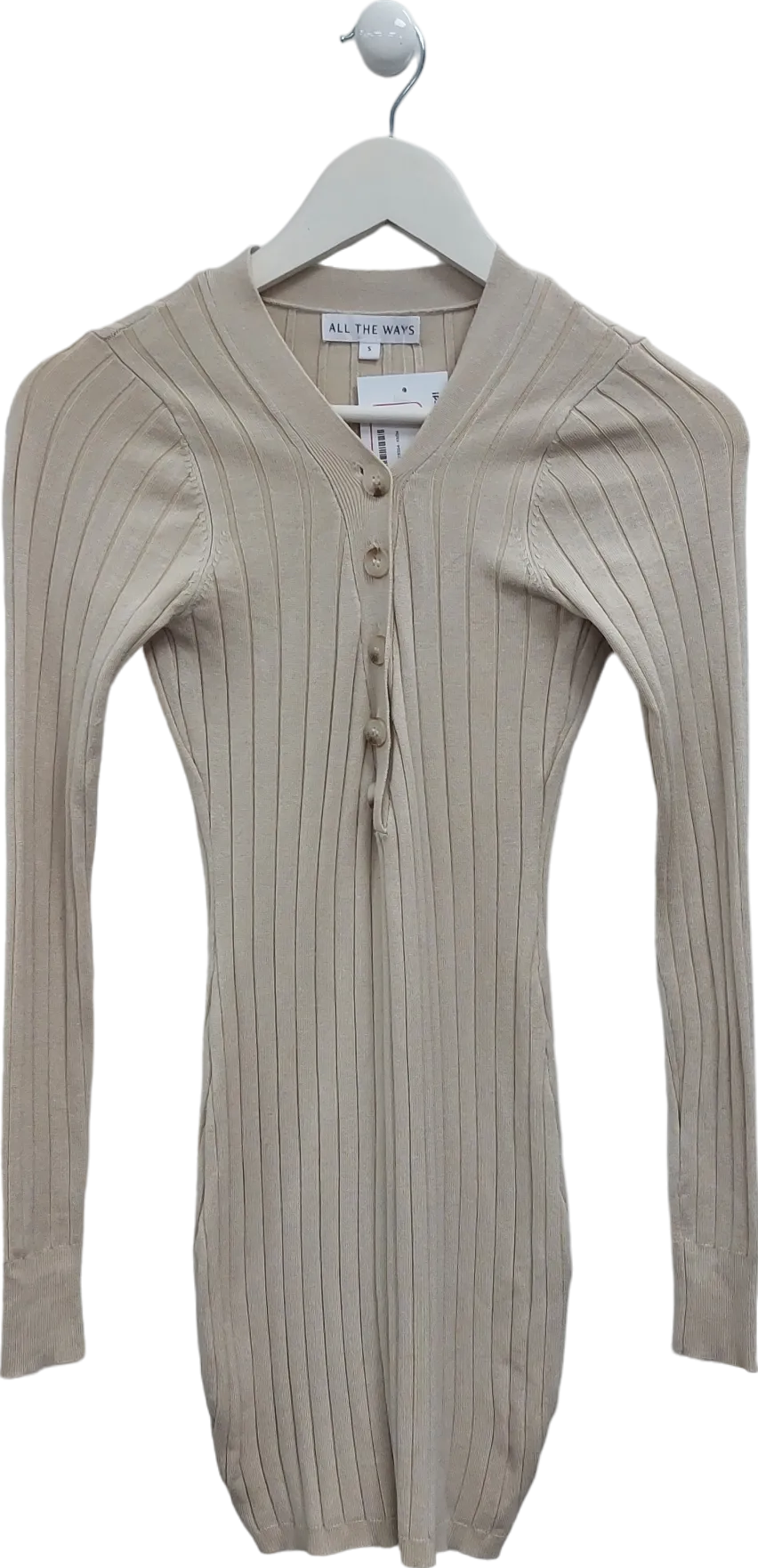 All the Ways Beige Ribbed Button Down Dress UK S