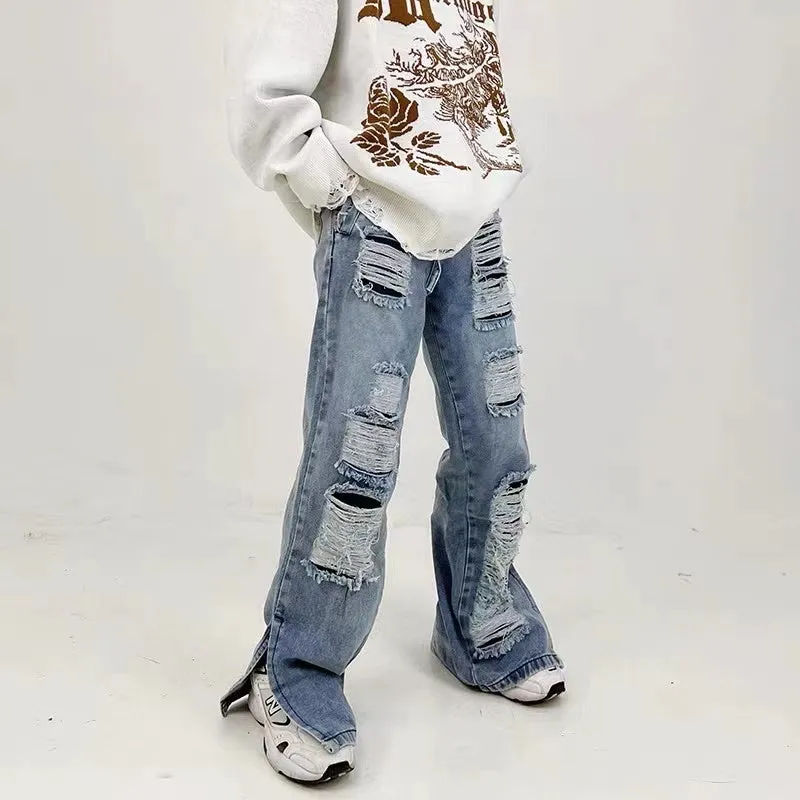 American High Street Summer Thin Section Hole Slit Loose Jeans