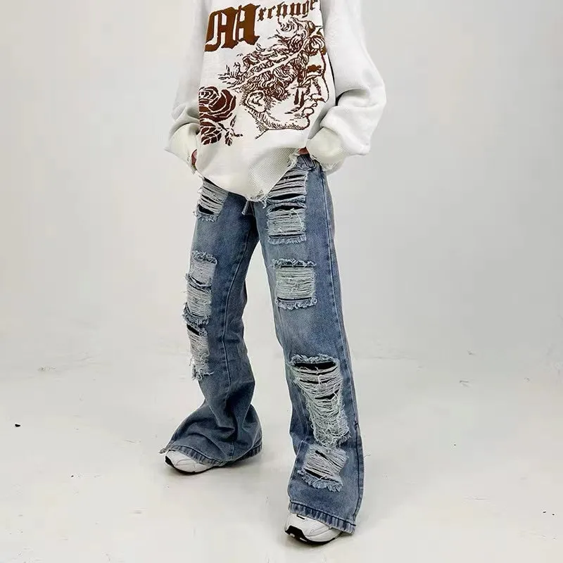American High Street Summer Thin Section Hole Slit Loose Jeans